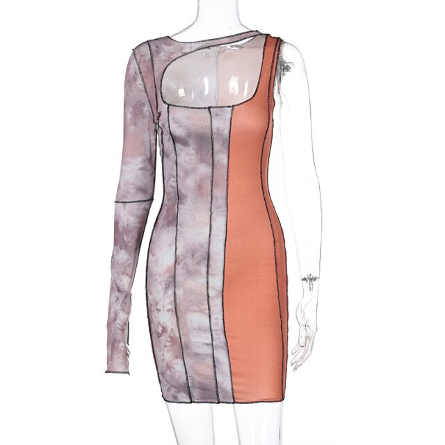 Sexy Print One Shouler Long Sleeve Bodycon Dress Clothes for Women Elegant Tie Dye Chic Party Mini Dresses Hollow Out Clubwear
