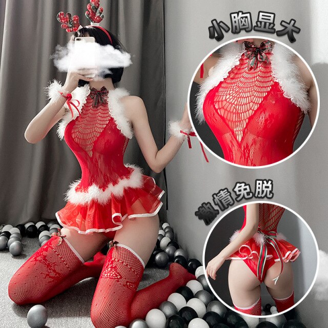 Sexy Red Christmas Princess Dress Sex Play Halloween Cosplay Erotic Fishnet Bodysuit Skirt Net Clothes Fishnet Stockings Set
