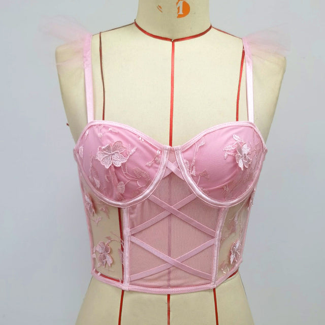 Sexy Ruffled Exotic Costumes Floral Embroider Sensual Lingerie Underwear Transparent Erotic Push Up Bra Top Intimate Bondage