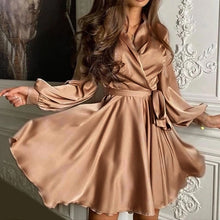 Load image into Gallery viewer, Sexy Satin Sashes A Line Mini Dress Lantern Sleeve Elegant Party Dress 2020 Autumn Fashion Women&#39;s Clothing Streetwear Vestidos