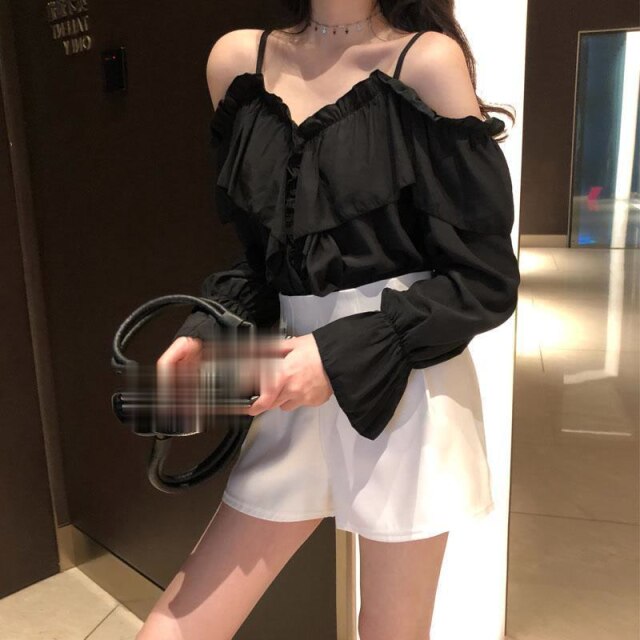 Sexy Shirts Women Off Shoulder Korean Tops V-Neck Flare Sleeve Ruffles Solid Loose Design Clubwear Blouse Casual Blusas 2022