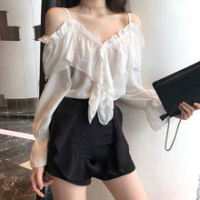 Load image into Gallery viewer, Sexy Shirts Women Off Shoulder Korean Tops V-Neck Flare Sleeve Ruffles Solid Loose Design Clubwear Blouse Casual Blusas 2022