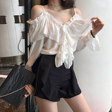 Load image into Gallery viewer, Sexy Shirts Women Off Shoulder Korean Tops V-Neck Flare Sleeve Ruffles Solid Loose Design Clubwear Blouse Casual Blusas 2022