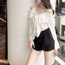 Load image into Gallery viewer, Sexy Shirts Women Off Shoulder Korean Tops V-Neck Flare Sleeve Ruffles Solid Loose Design Clubwear Blouse Casual Blusas 2022