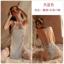 Load image into Gallery viewer, Sexy Silk Nightgown Side Split Hollow Out Pure Lace Silk Suspenders Nightdress Women Summer Halter Sleepwear Backless Homedress