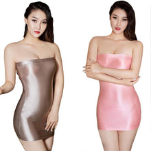 Load image into Gallery viewer, Sexy Skinny See Through Shiny Semi Sheer Boob Tube Dress Glossy Stretch Short Bodycon Strapless Boobtube Mini Dress