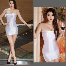 Load image into Gallery viewer, Sexy Skinny See Through Shiny Semi Sheer Boob Tube Dress Glossy Stretch Short Bodycon Strapless Boobtube Mini Dress