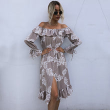 Load image into Gallery viewer, Sexy Slash Neck Print Dress Women Casual High Waist Ruffles Autumn Winter Button Off The Shoulder Dress For Women 2020 New