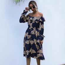 Load image into Gallery viewer, Sexy Slash Neck Print Dress Women Casual High Waist Ruffles Autumn Winter Button Off The Shoulder Dress For Women 2020 New