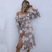 Load image into Gallery viewer, Sexy Slash Neck Print Dress Women Casual High Waist Ruffles Autumn Winter Button Off The Shoulder Dress For Women 2020 New