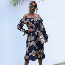 Load image into Gallery viewer, Sexy Slash Neck Print Dress Women Casual High Waist Ruffles Autumn Winter Button Off The Shoulder Dress For Women 2020 New