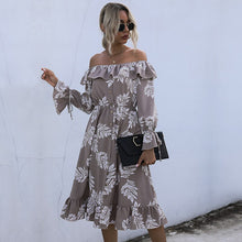 Load image into Gallery viewer, Sexy Slash Neck Print Dress Women Casual High Waist Ruffles Autumn Winter Button Off The Shoulder Dress For Women 2020 New