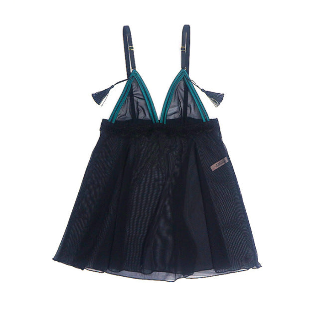 Sexy Sleep Dress Transparent Tassel Decoration Solid Spaghetti Strap Night Dress For Women Sexy Lingerie Dress Only