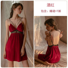Load image into Gallery viewer, Sexy Sleepwear ServiceHigh-quality Stitching Lace Hollow Deep Green Red V Halter Private house Strap Nightdress Nightgown Set