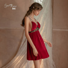Load image into Gallery viewer, Sexy Sleepwear ServiceHigh-quality Stitching Lace Hollow Deep Green Red V Halter Private house Strap Nightdress Nightgown Set