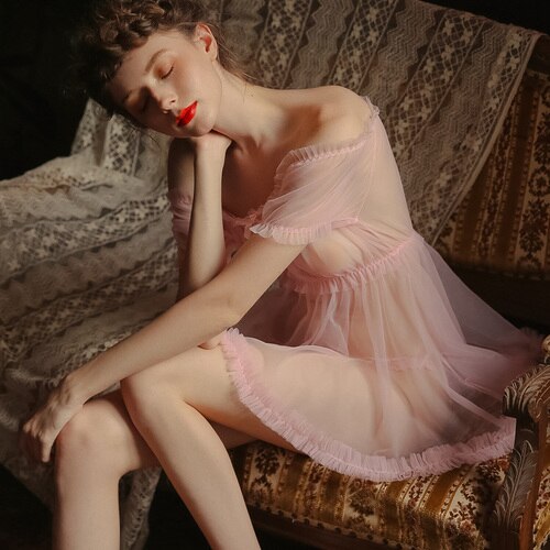 Sexy Sleepwear Summer Thin Section Tulle One-shoulder Short Skirt Temptation Home Service Nightgown Night Dress Nightgowns Women