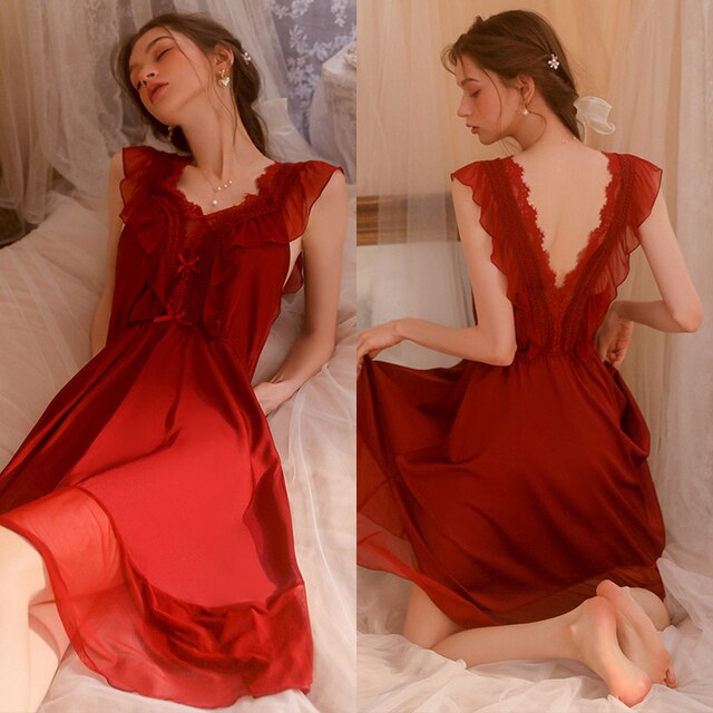 Sexy Sleepwear Women Night Dress Teen Girl Nightwear Lounge Homewear Deep V Nightgown Camisolas Lingerie Backless Home Suit 2023