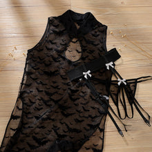 Load image into Gallery viewer, Sexy Sleepwear Women Summer Thin Lace Transparent Attraction Cheongsam Dress Black Bat Mesh Lingerie Babydoll with Garter