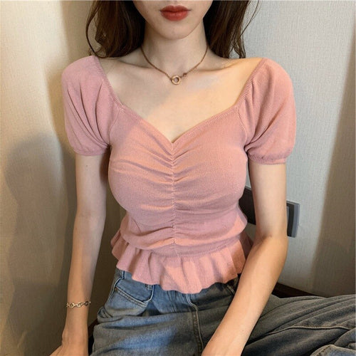 Sexy Slim CropTop Tank T Shirt T-shirts Ruffles Summer Vintage V-neck Tops for Womens Top Girls Women Fashion Streetwear