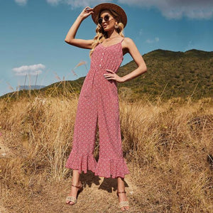 Sexy Sling Off Shoulder Backless Button Women Rompers High Waist Sleeveless Floral Print Casual Loose Streetwear Jumpsuits