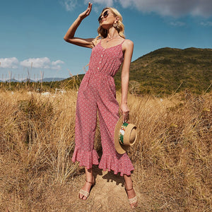 Sexy Sling Off Shoulder Backless Button Women Rompers High Waist Sleeveless Floral Print Casual Loose Streetwear Jumpsuits