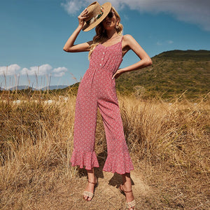 Sexy Sling Off Shoulder Backless Button Women Rompers High Waist Sleeveless Floral Print Casual Loose Streetwear Jumpsuits