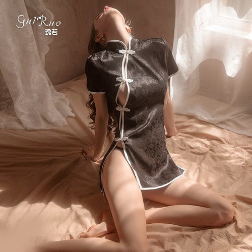 Sexy Soft Cheongsam Two Piece Suit Dress Short Cheongsam Retro Summer Women Stand Collar Vintage Night Skirt Uniform Temptation