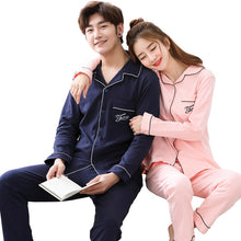 Load image into Gallery viewer, Sexy Spring Autumn Men Pyjamas Long Sleeve 100% Cotton Casual Couple Cartoon Pajamas Sleepwear Suit Homewear Pyjama Pure Colour