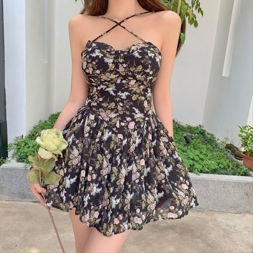 Sexy Strap Dress Women Elegant Floral Vintage Boho Chiffon Dresses Casual V-neck Designer Beach Backless Party Dress Summer 2021