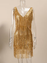 Load image into Gallery viewer, Sexy Tassel Sequins Feather Mini Dress Women Fashion Spaghetti Strap Stitching Dresses Female Elegant Evening Party Club Dress