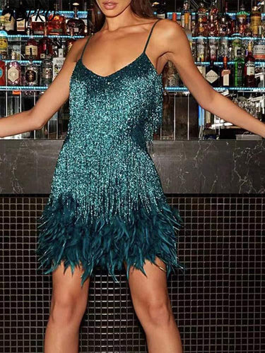 Sexy Tassel Sequins Feather Mini Dress Women Fashion Spaghetti Strap Stitching Dresses Female Elegant Evening Party Club Dress