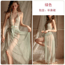 Load image into Gallery viewer, Sexy Temptation Siamese Pajamas Ladies Lace Thin Section Halter Backless Openwork Strap V-neck Mesh Transparent Nightdress Suit