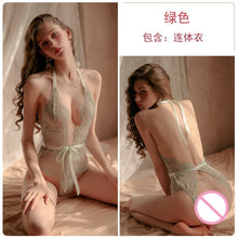 Load image into Gallery viewer, Sexy Temptation Siamese Pajamas Ladies Lace Thin Section Halter Backless Openwork Strap V-neck Mesh Transparent Nightdress Suit