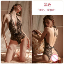 Load image into Gallery viewer, Sexy Temptation Siamese Pajamas Ladies Lace Thin Section Halter Backless Openwork Strap V-neck Mesh Transparent Nightdress Suit