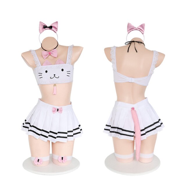 Sexy Underwear Cos Cat Cartoon Uniform for Women Temptation Tube Top Mini Skirt with Tail Erotic Lingerie Cosplay Devil Outfits