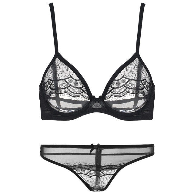 Sexy Underwear Women Embroidery Lace Push Up Underwire Ultra Thin Bra Temptation Sexy See Through Bra and Panty Sets