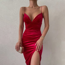 Load image into Gallery viewer, Sexy V Neck Backless Sling Bag Hip Tight Fitting High Waist Split Velvet Dress Pure Green Sleeveless Slim Female Vestido Party