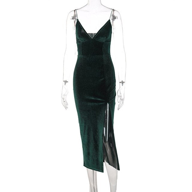 Sexy V Neck Backless Sling Bag Hip Tight Fitting High Waist Split Velvet Dress Pure Green Sleeveless Slim Female Vestido Party
