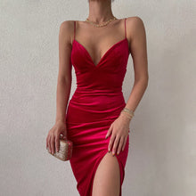 Load image into Gallery viewer, Sexy V Neck Backless Sling Bag Hip Tight Fitting High Waist Split Velvet Dress Pure Green Sleeveless Slim Female Vestido Party