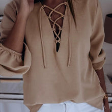 Load image into Gallery viewer, Sexy V Neck Drawstring Blouse Women Solid Loose Lantern Sleeve Office Ladies Shirt Vintage Spring Autumn Elegant Blouses And Top