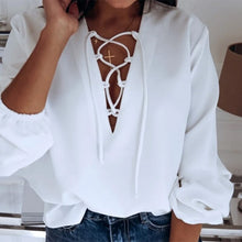 Load image into Gallery viewer, Sexy V Neck Drawstring Blouse Women Solid Loose Lantern Sleeve Office Ladies Shirt Vintage Spring Autumn Elegant Blouses And Top