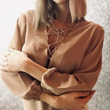 Load image into Gallery viewer, Sexy V Neck Drawstring Blouse Women Solid Loose Lantern Sleeve Office Ladies Shirt Vintage Spring Autumn Elegant Blouses And Top