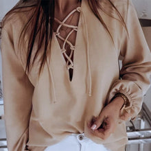 Load image into Gallery viewer, Sexy V Neck Drawstring Blouse Women Solid Loose Lantern Sleeve Office Ladies Shirt Vintage Spring Autumn Elegant Blouses And Top