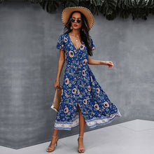 Load image into Gallery viewer, Sexy V Neck Print Dress Women 2021 Spring New Casual Short Sleeve Floral Dress For Woman Summer High Waist Dress