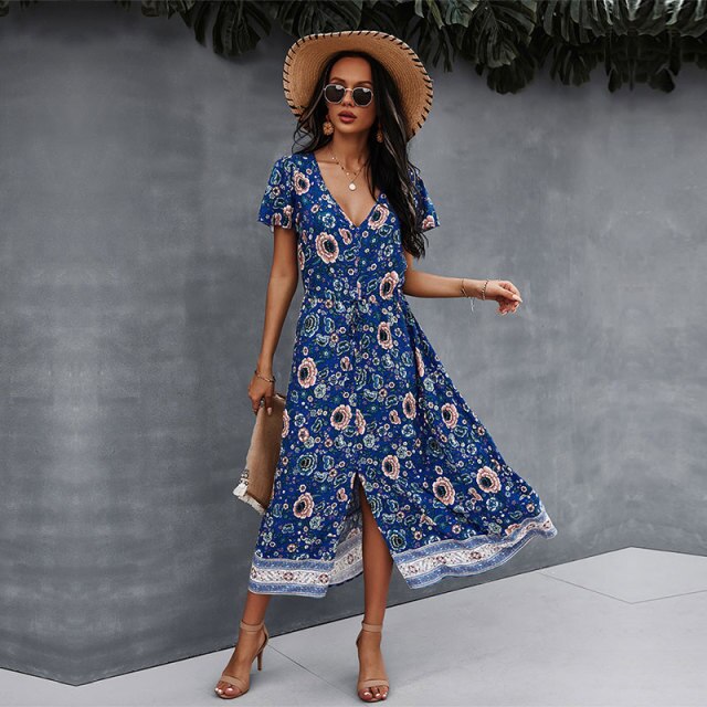 Sexy V Neck Print Dress Women 2021 Spring New Casual Short Sleeve Floral Dress For Woman Summer High Waist Dress