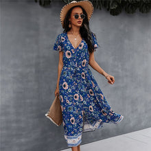 Load image into Gallery viewer, Sexy V Neck Print Dress Women 2021 Spring New Casual Short Sleeve Floral Dress For Woman Summer High Waist Dress
