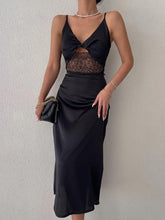 Load image into Gallery viewer, Sexy V Neck Satin Sleeveless Lace Patchwork Midi Dress Women 2022 Summer Hollow Bodycon Backless Elegant Party Dresses Black