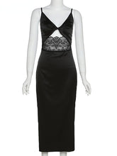 Load image into Gallery viewer, Sexy V Neck Satin Sleeveless Lace Patchwork Midi Dress Women 2022 Summer Hollow Bodycon Backless Elegant Party Dresses Black