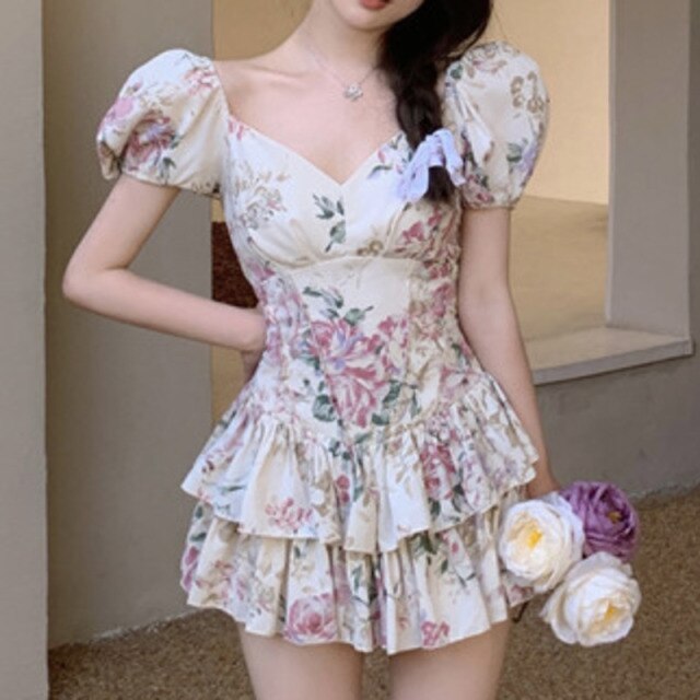 Sexy V-neck Party Mini Dresses Summer 2021 Ladies Print Puff Sleeve Women Bodycon Beach Vintage Bud Robes Boho Fashion Vestidos