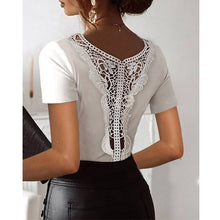 Load image into Gallery viewer, Sexy White Lace Patchwork Hollow Out Shirt Blouses Fashion Summer V-neck Short Sleeve Solid Slim Shirt For Women 2021 Tops Femme